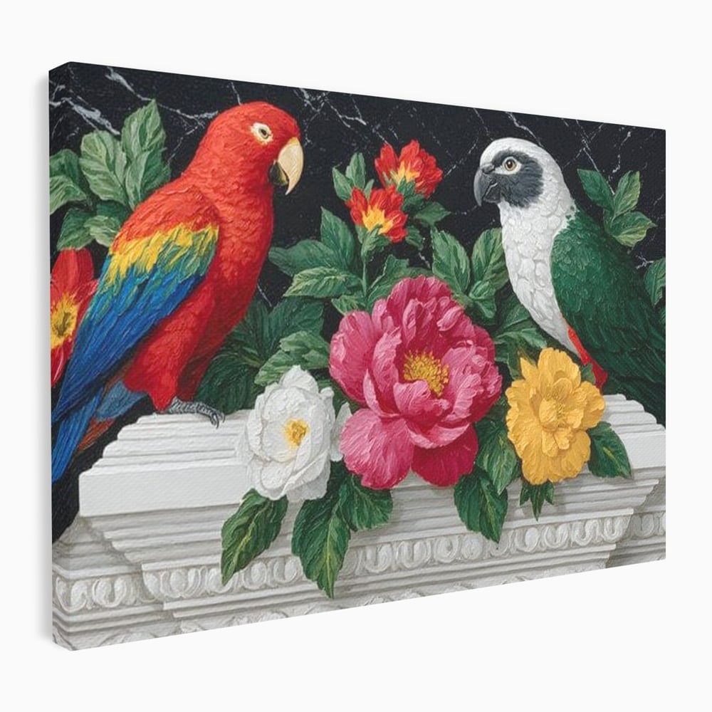 Tablou canvas cu pictura cu papagali si flori, fara rama, pe sasiu de lemn
